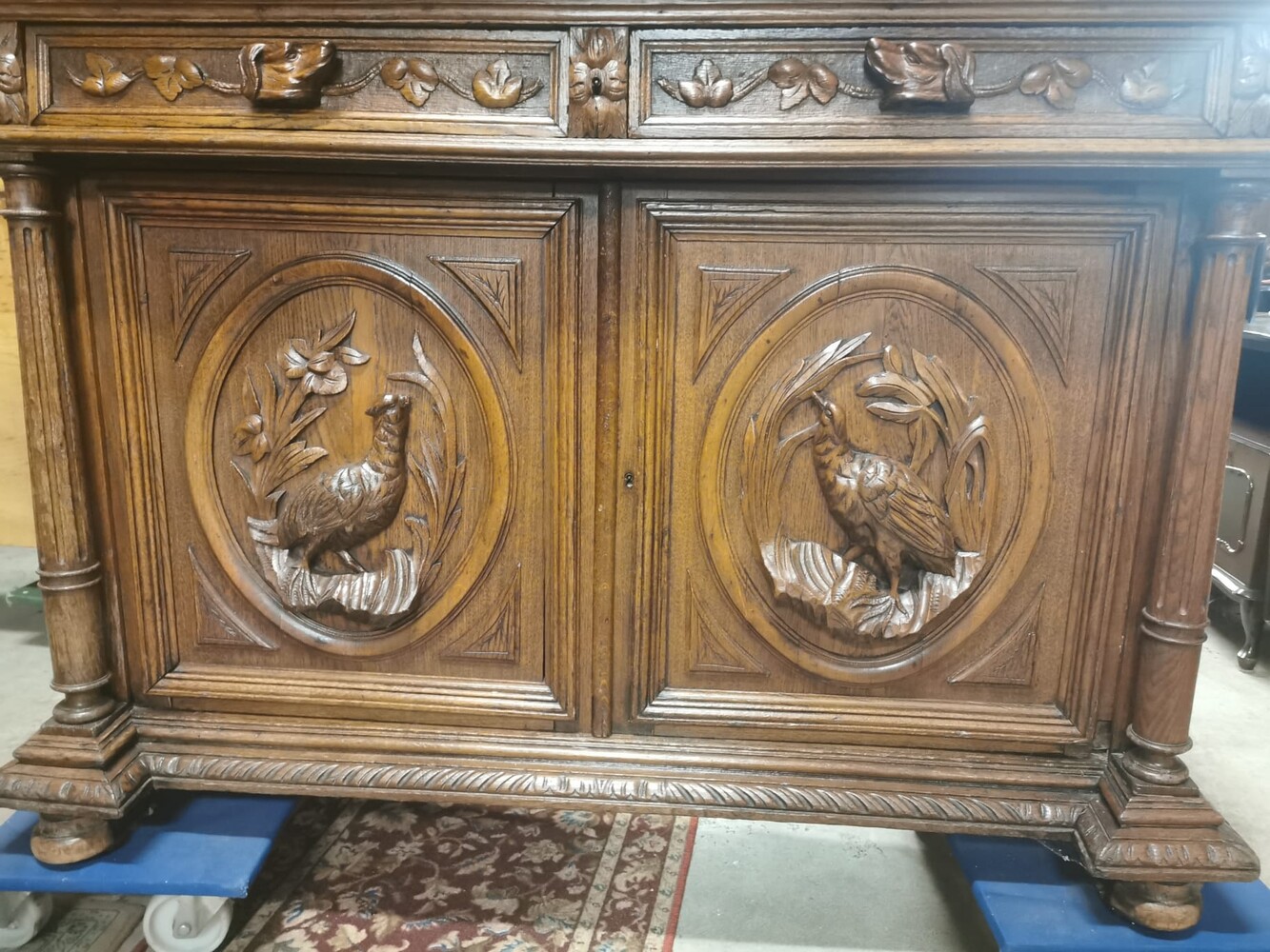  Exquisite French Oak Hunting Cabinet with Stained Glass Depicting Lions