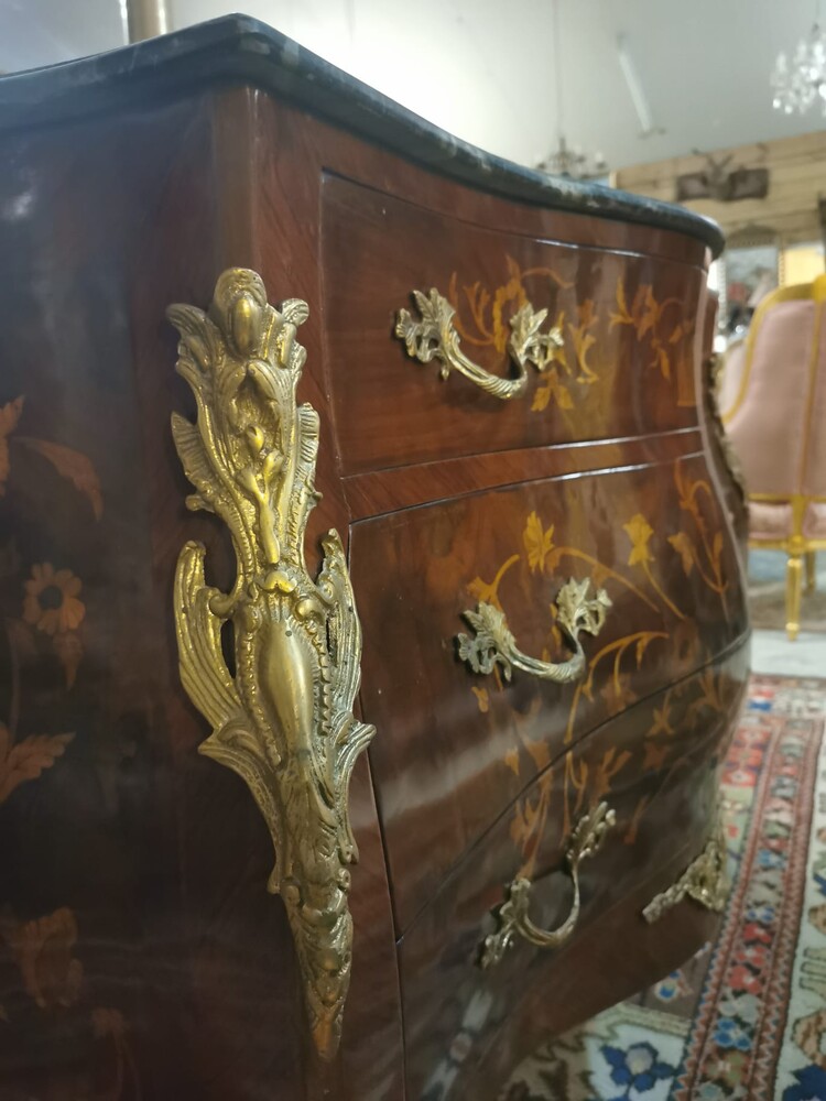  French Inlaid Bombe Cabinet with Marble Top