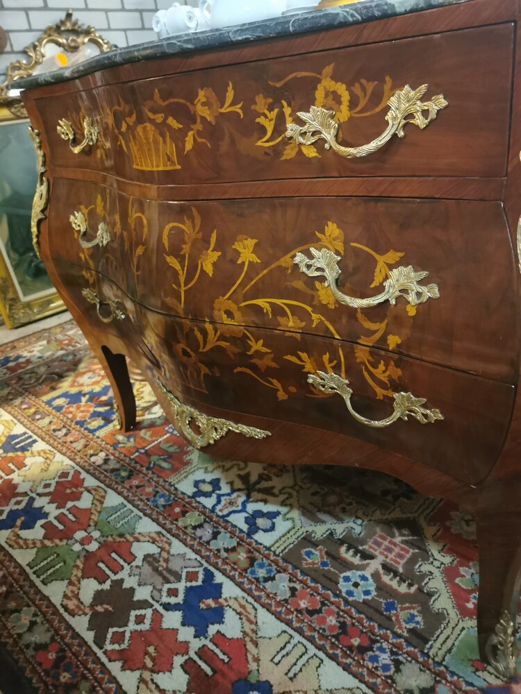  French Inlaid Bombe Cabinet with Marble Top