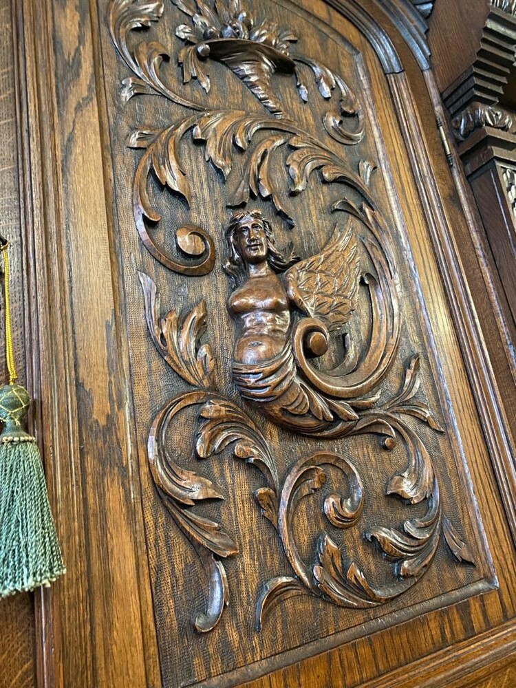 Opulent French Renaissance Walnut Cabinet with Whimsical Woodcut Clown Decor